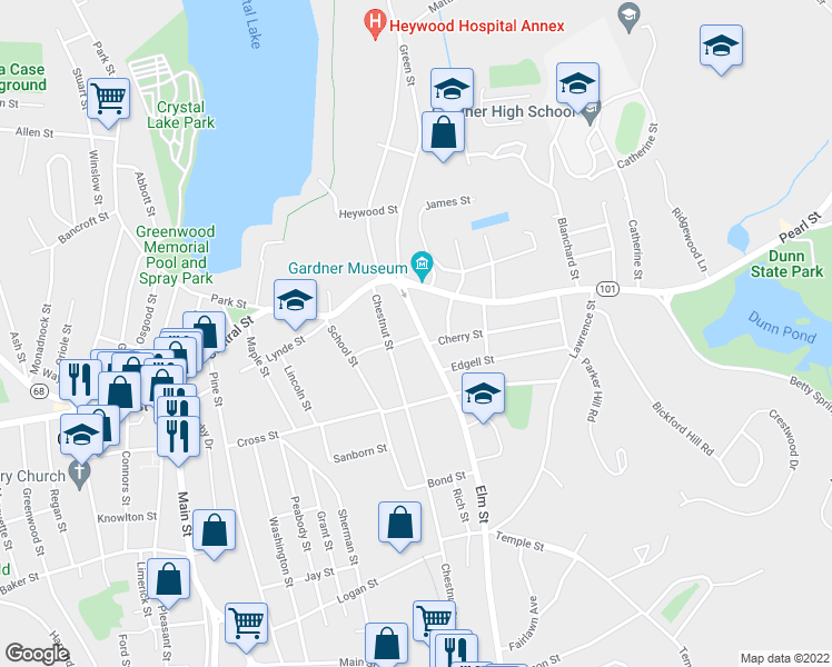 map of restaurants, bars, coffee shops, grocery stores, and more near 60 Chestnut Street in Gardner