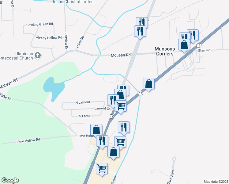 map of restaurants, bars, coffee shops, grocery stores, and more near 902 Pine View Circle in Cortland
