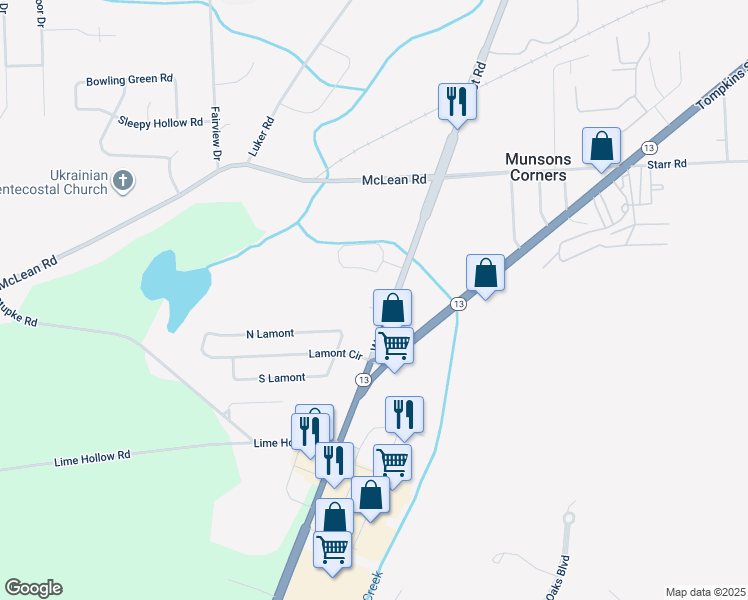 map of restaurants, bars, coffee shops, grocery stores, and more near 902 Pine View Circle in Cortland