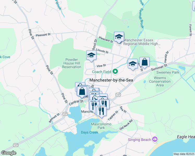 map of restaurants, bars, coffee shops, grocery stores, and more near 45 School Street in Manchester-by-the-Sea