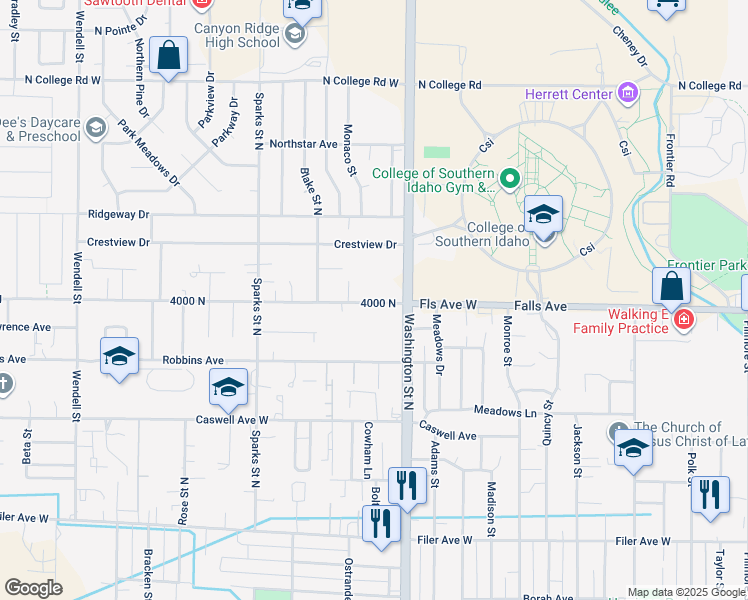 map of restaurants, bars, coffee shops, grocery stores, and more near 115 Falls Avenue West in Twin Falls