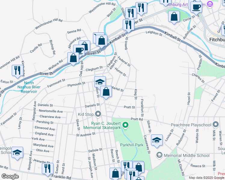 map of restaurants, bars, coffee shops, grocery stores, and more near 259 Beech Street in Fitchburg