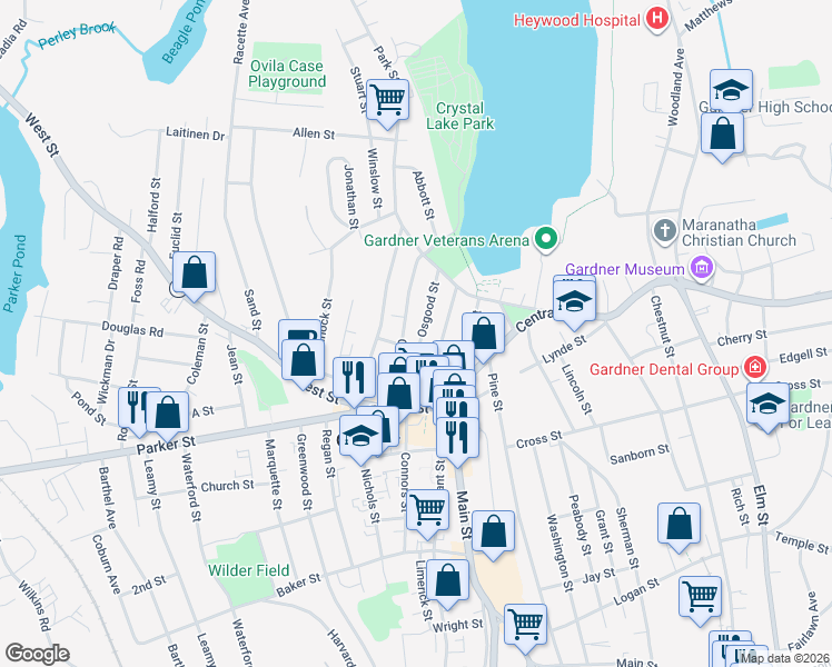 map of restaurants, bars, coffee shops, grocery stores, and more near 68 Graham Street in Gardner