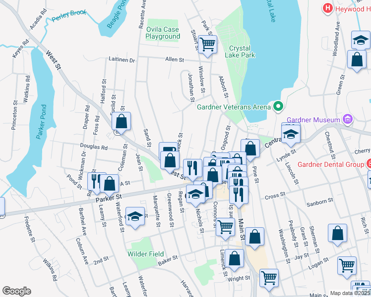 map of restaurants, bars, coffee shops, grocery stores, and more near 23 Monadnock Street in Gardner