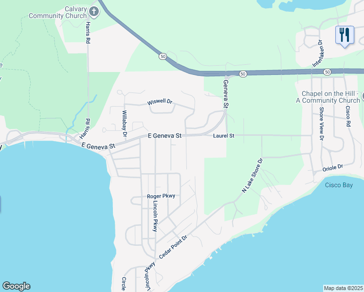map of restaurants, bars, coffee shops, grocery stores, and more near 47 Potawatomi Road in Williams Bay