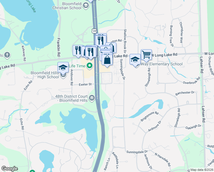 map of restaurants, bars, coffee shops, grocery stores, and more near 941 Pine Thistle Lane in Bloomfield Hills