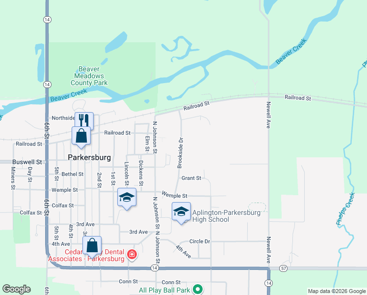 map of restaurants, bars, coffee shops, grocery stores, and more near 210 Brookside Drive in Parkersburg