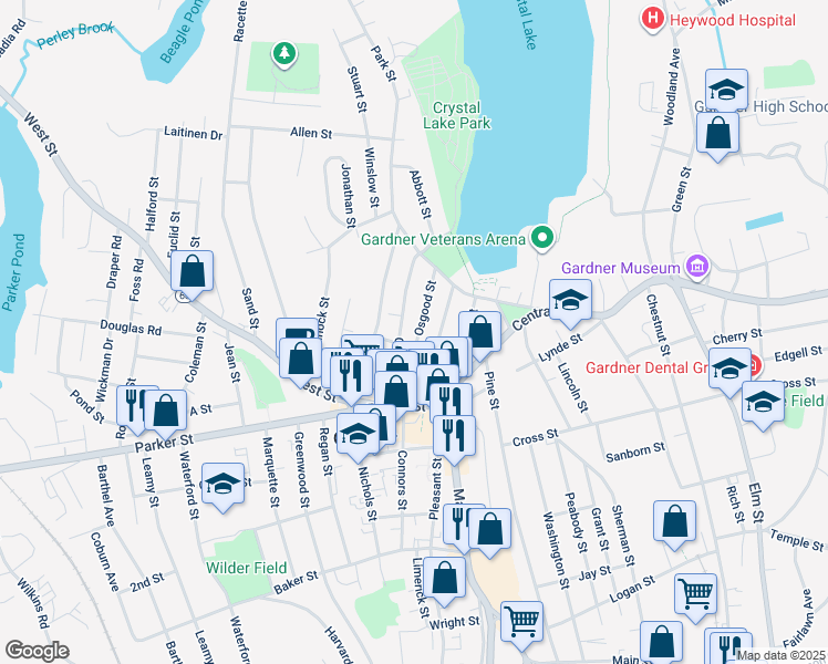 map of restaurants, bars, coffee shops, grocery stores, and more near 18 Osgood Street in Gardner