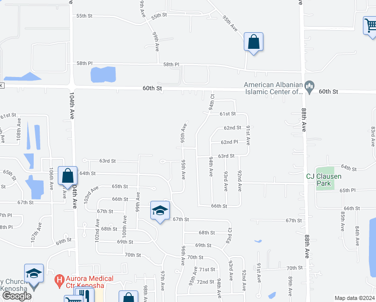 map of restaurants, bars, coffee shops, grocery stores, and more near 9423 62nd Place in Kenosha