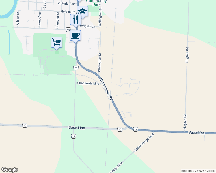 map of restaurants, bars, coffee shops, grocery stores, and more near 1501 Chatham-Kent County Road 21 in Dresden