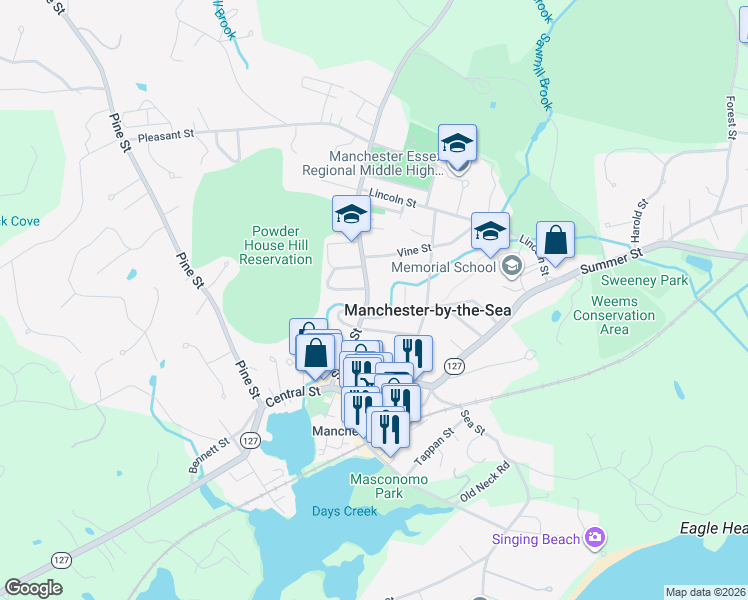 map of restaurants, bars, coffee shops, grocery stores, and more near 3 Brook Street in Manchester-by-the-Sea