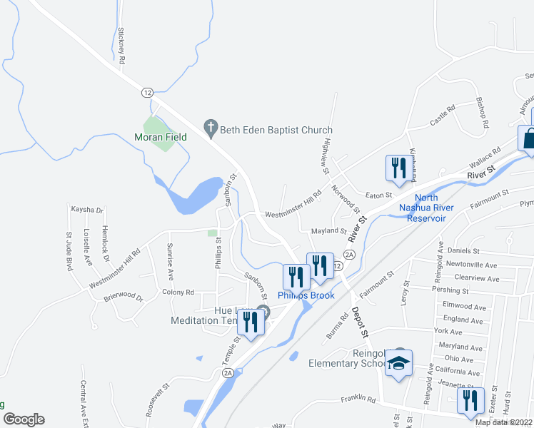 map of restaurants, bars, coffee shops, grocery stores, and more near 740 Westminster Hill Road in Fitchburg