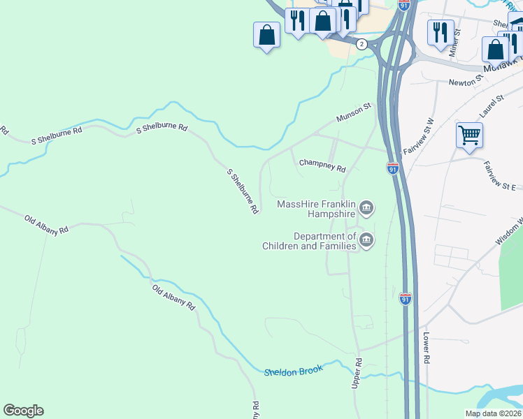 map of restaurants, bars, coffee shops, grocery stores, and more near 231 S Shelburne Rd in Greenfield