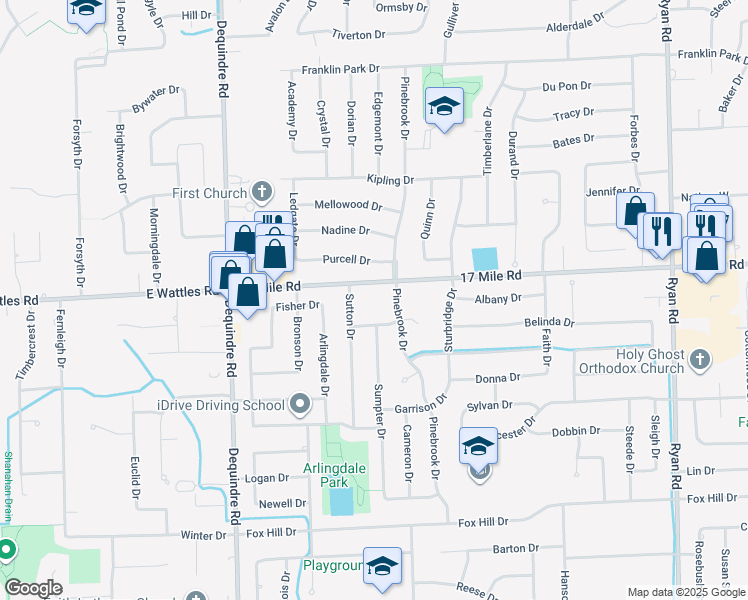 map of restaurants, bars, coffee shops, grocery stores, and more near 2621 Lotus Drive in Sterling Heights