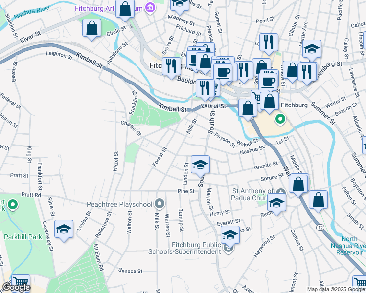 map of restaurants, bars, coffee shops, grocery stores, and more near 86 Milk Street in Fitchburg