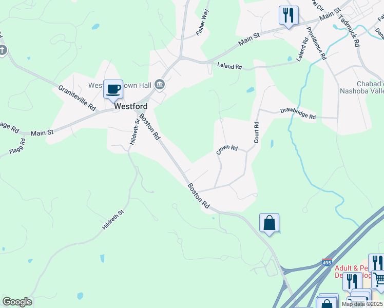 map of restaurants, bars, coffee shops, grocery stores, and more near 28 Boston Road in Westford