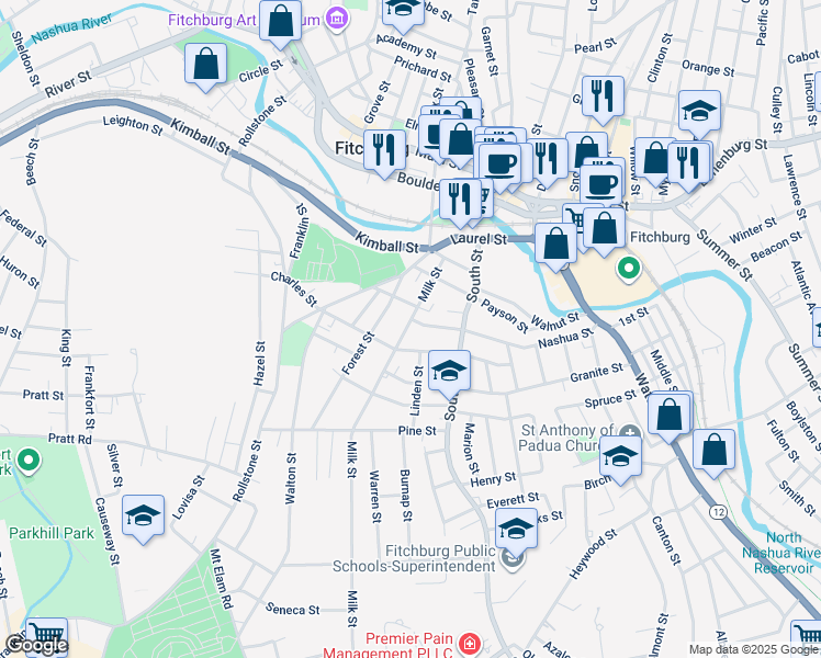 map of restaurants, bars, coffee shops, grocery stores, and more near 86 Milk Street in Fitchburg