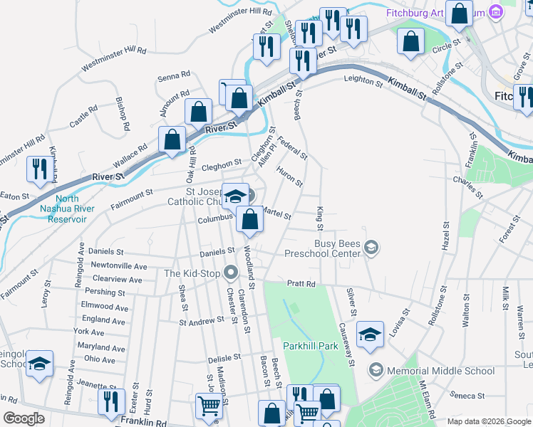 map of restaurants, bars, coffee shops, grocery stores, and more near 259 Beech Street in Fitchburg