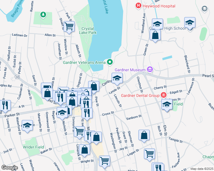 map of restaurants, bars, coffee shops, grocery stores, and more near 74 Lynde Street in Gardner