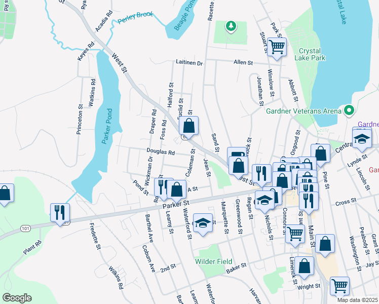 map of restaurants, bars, coffee shops, grocery stores, and more near 28 Coleman Street in Gardner