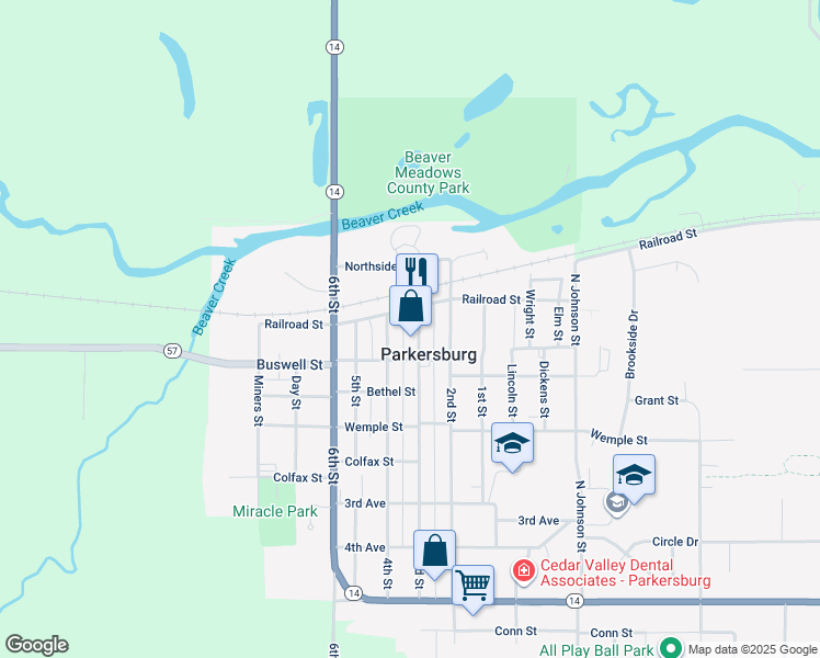 map of restaurants, bars, coffee shops, grocery stores, and more near in Parkersburg