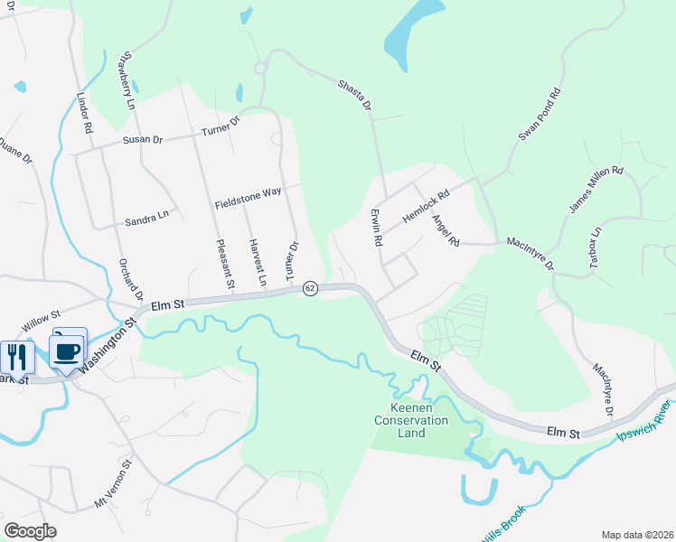 map of restaurants, bars, coffee shops, grocery stores, and more near 189 Massachusetts 62 in North Reading