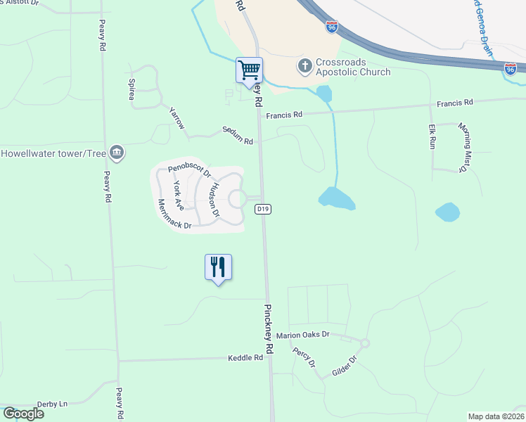 map of restaurants, bars, coffee shops, grocery stores, and more near 1776 Pinckney Road in Howell