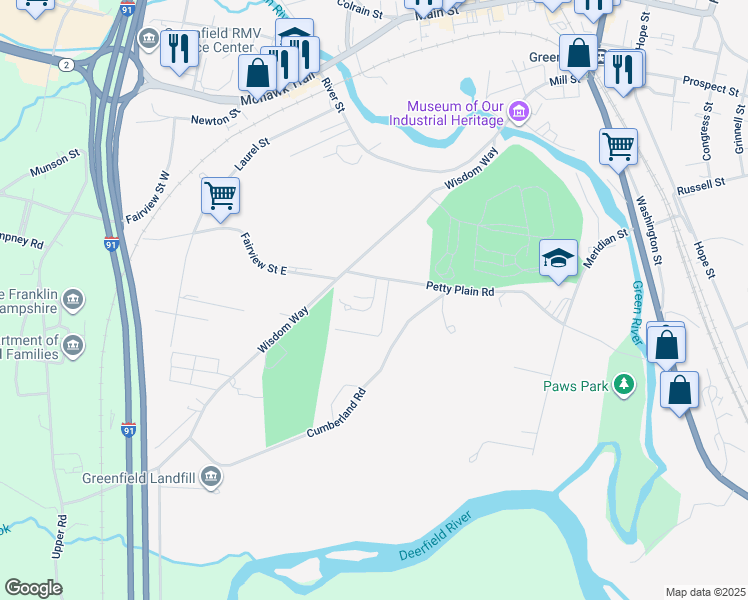 map of restaurants, bars, coffee shops, grocery stores, and more near 43 Solar Way in Greenfield
