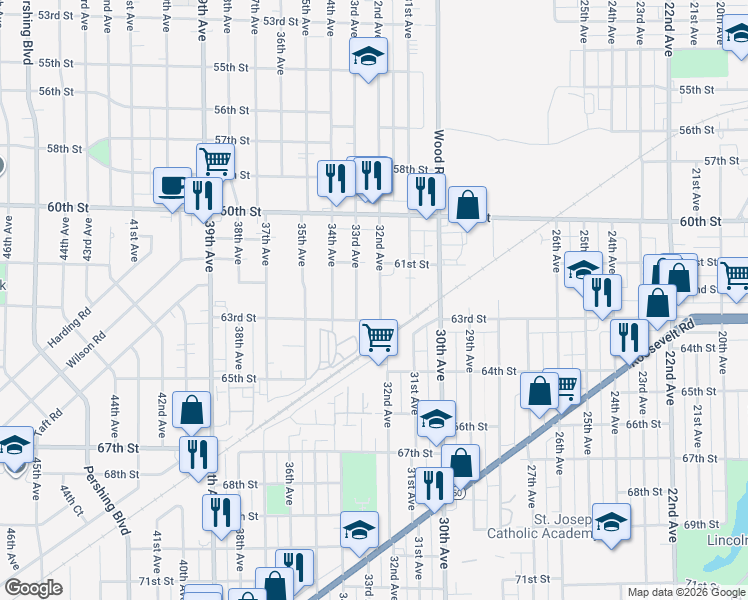 map of restaurants, bars, coffee shops, grocery stores, and more near 6237 33rd Avenue in Kenosha