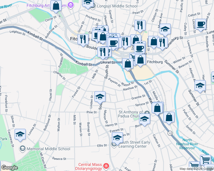 map of restaurants, bars, coffee shops, grocery stores, and more near 103 Nashua Street in Fitchburg