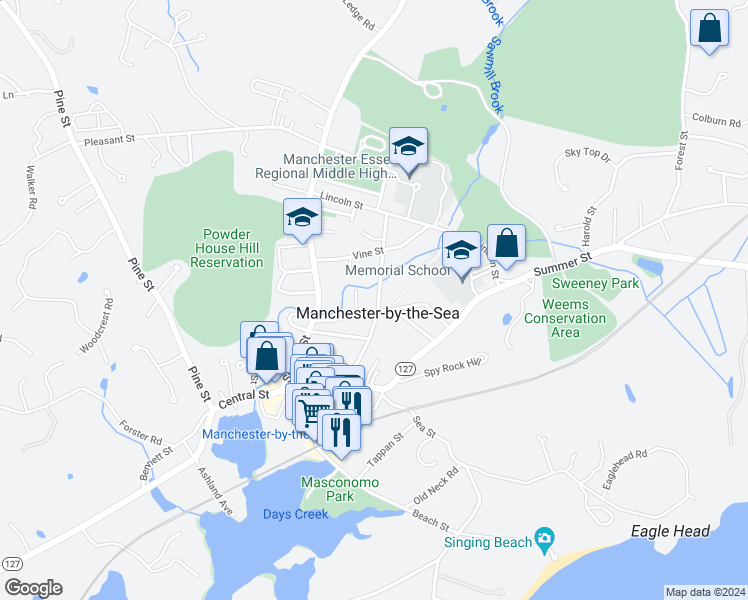 map of restaurants, bars, coffee shops, grocery stores, and more near 34 Norwood Avenue in Manchester-by-the-Sea