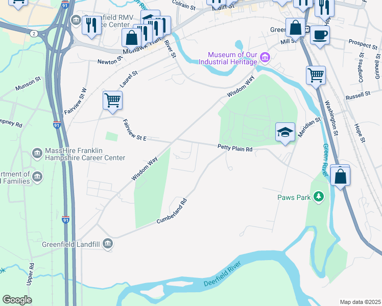 map of restaurants, bars, coffee shops, grocery stores, and more near 41 Solar Way in Greenfield