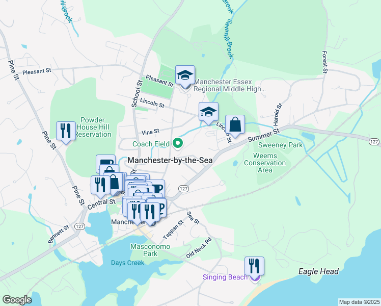 map of restaurants, bars, coffee shops, grocery stores, and more near 42 Brook Street in Manchester-by-the-Sea