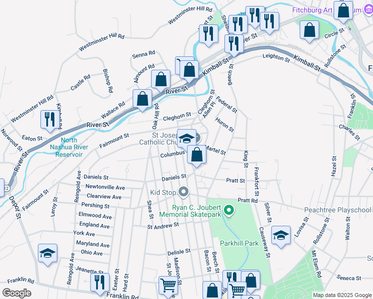 map of restaurants, bars, coffee shops, grocery stores, and more near 38 Columbus Street in Fitchburg