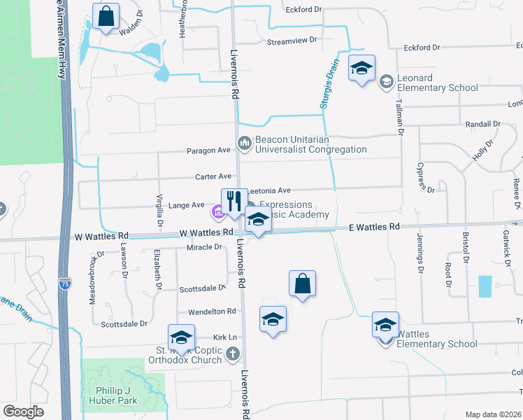 map of restaurants, bars, coffee shops, grocery stores, and more near 78 Leetonia Drive in Troy