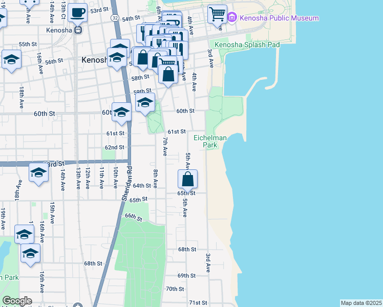 map of restaurants, bars, coffee shops, grocery stores, and more near in Kenosha