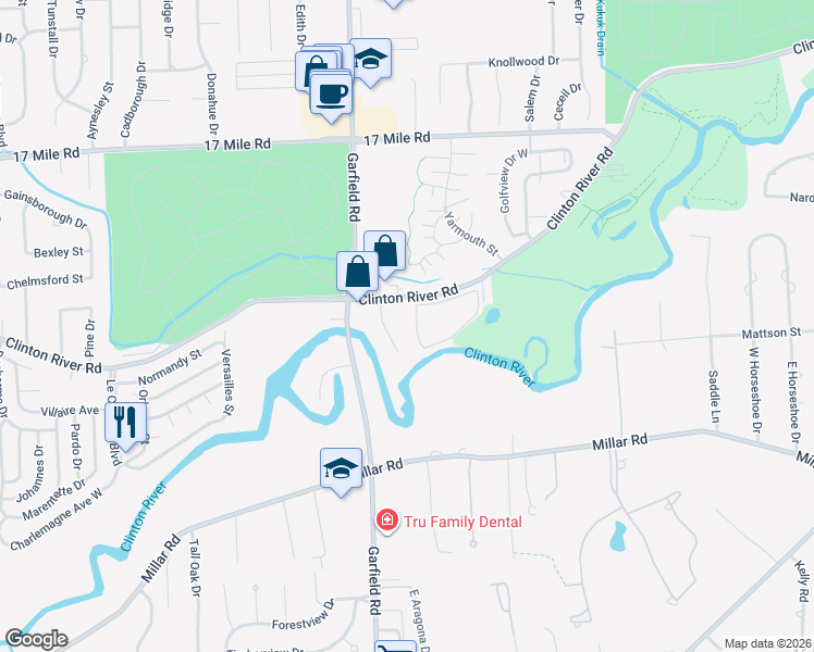 map of restaurants, bars, coffee shops, grocery stores, and more near 16980 Clinton River Road in Clinton Township