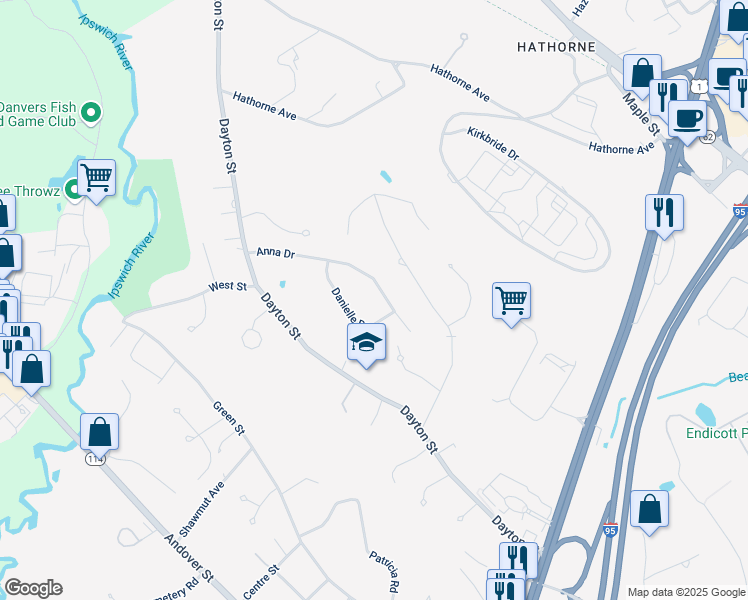 map of restaurants, bars, coffee shops, grocery stores, and more near 18 Anna Drive in Danvers