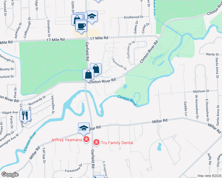 map of restaurants, bars, coffee shops, grocery stores, and more near 17124 Clinton River Road in Clinton Township