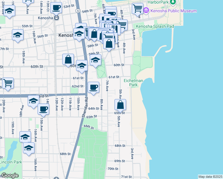 map of restaurants, bars, coffee shops, grocery stores, and more near 519 61st Street in Kenosha