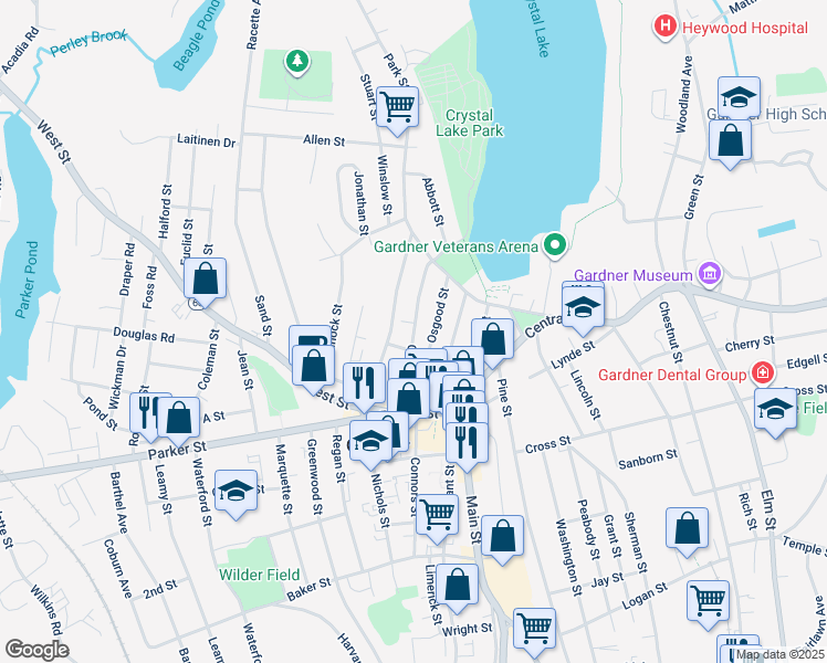 map of restaurants, bars, coffee shops, grocery stores, and more near Graham Street in Gardner