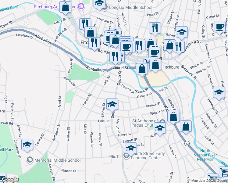 map of restaurants, bars, coffee shops, grocery stores, and more near 47 Payson Street in Fitchburg