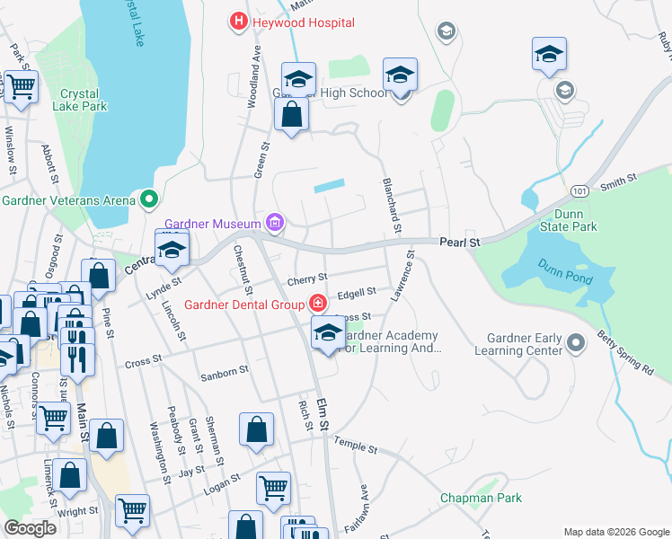 map of restaurants, bars, coffee shops, grocery stores, and more near 132 Pearl Street in Gardner