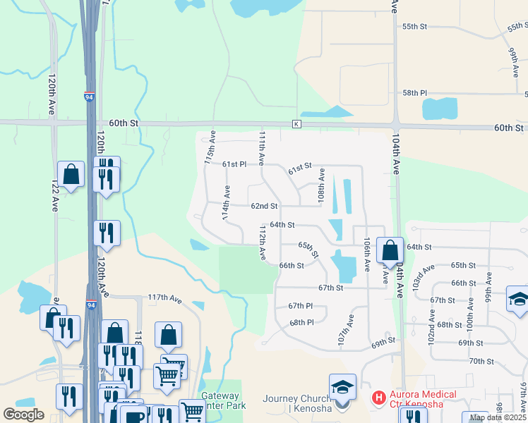 map of restaurants, bars, coffee shops, grocery stores, and more near 11125 62nd Street in Kenosha