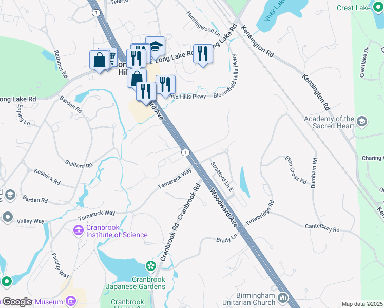 map of restaurants, bars, coffee shops, grocery stores, and more near 98 Hidden Ridge in Bloomfield Hills