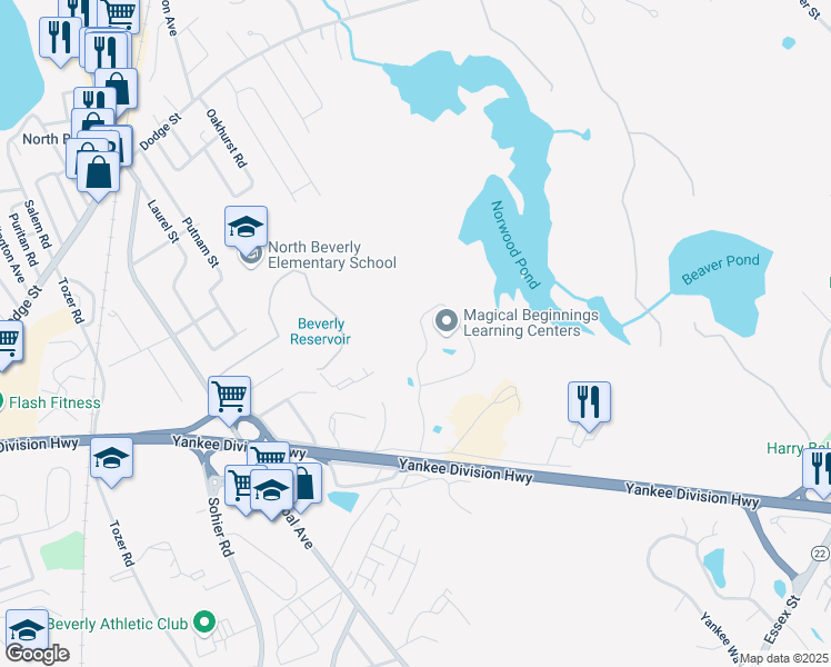 map of restaurants, bars, coffee shops, grocery stores, and more near 48 Dunham Road in Beverly
