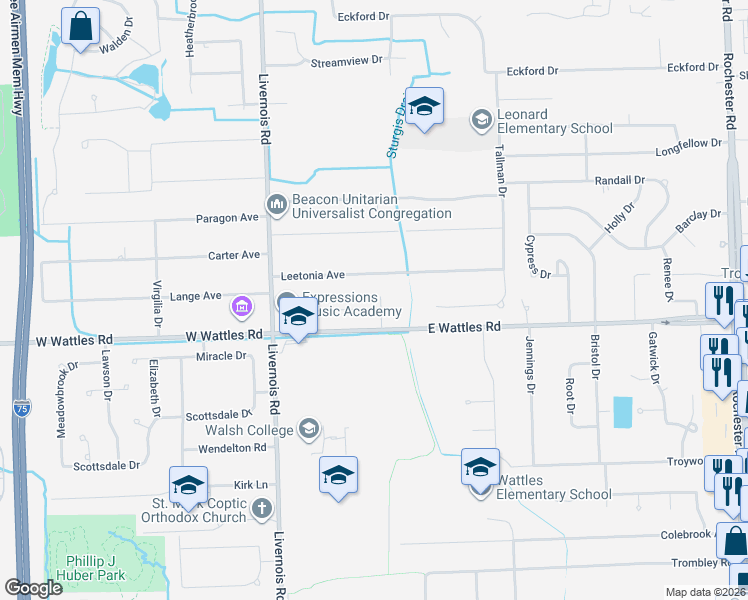 map of restaurants, bars, coffee shops, grocery stores, and more near 170 Leetonia Drive in Troy