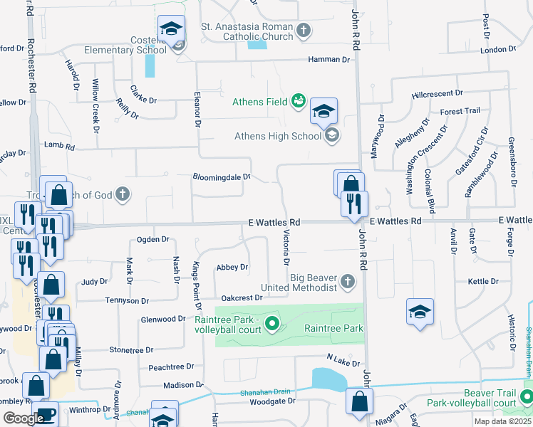map of restaurants, bars, coffee shops, grocery stores, and more near 1685 East Wattles Road in Troy