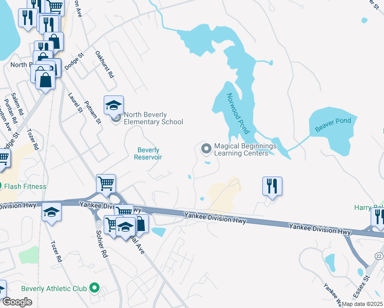 map of restaurants, bars, coffee shops, grocery stores, and more near 48 Dunham Road in Beverly