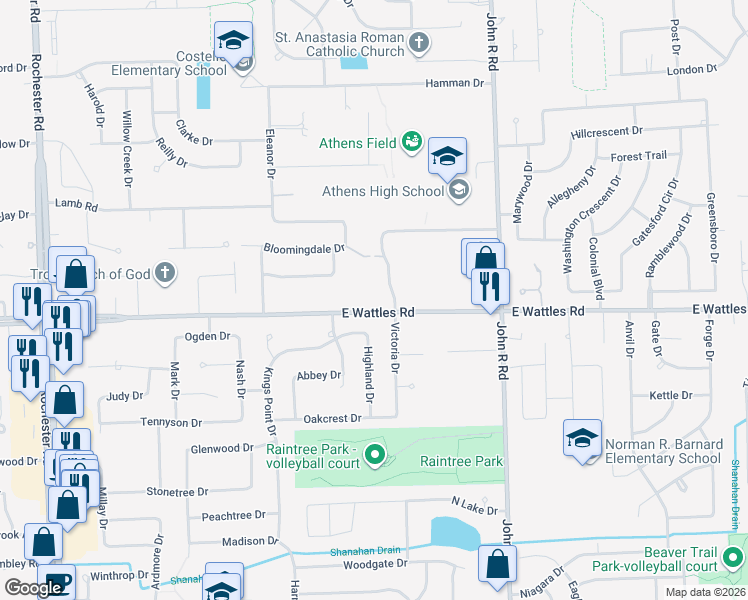 map of restaurants, bars, coffee shops, grocery stores, and more near 1709 East Wattles Road in Troy